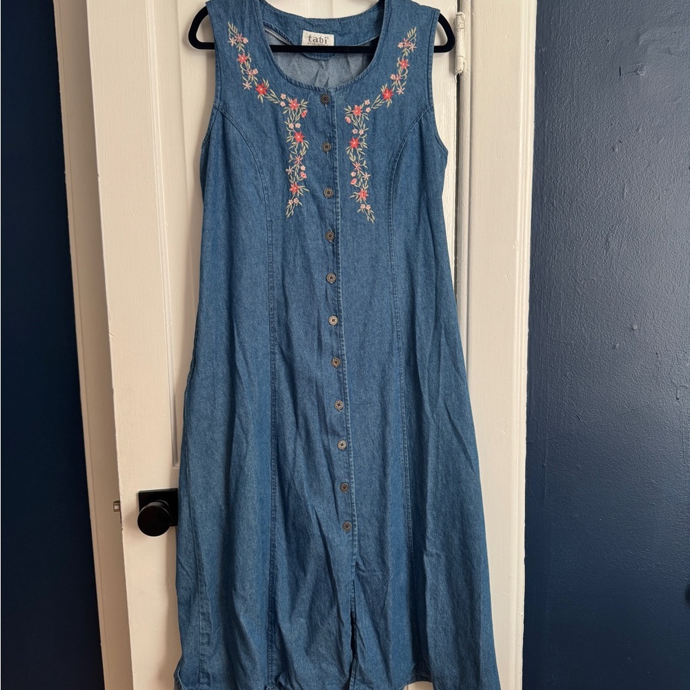 Vintage Tabi Denim Dress with Floral Embroidery